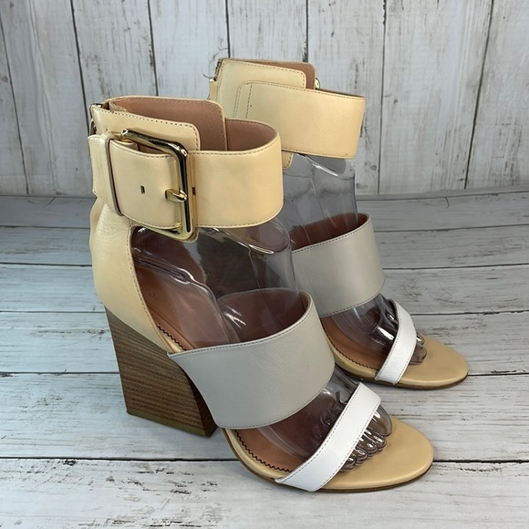 Sigerson Morrison Multi Neutral Colors Poker 2 Strap Heeled Sandals - Picture 1 of 14